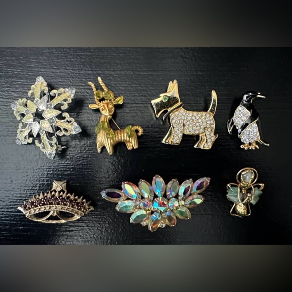 Crystal and Gold Tone Animal Brooch Set - Multi-Color
